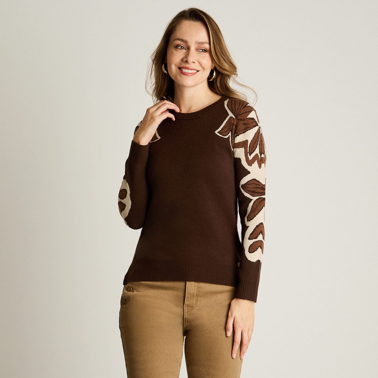 Sweater Cafe Manga Larga Elasticidad Media Sin Forro Calce Normal Tela Tejido
